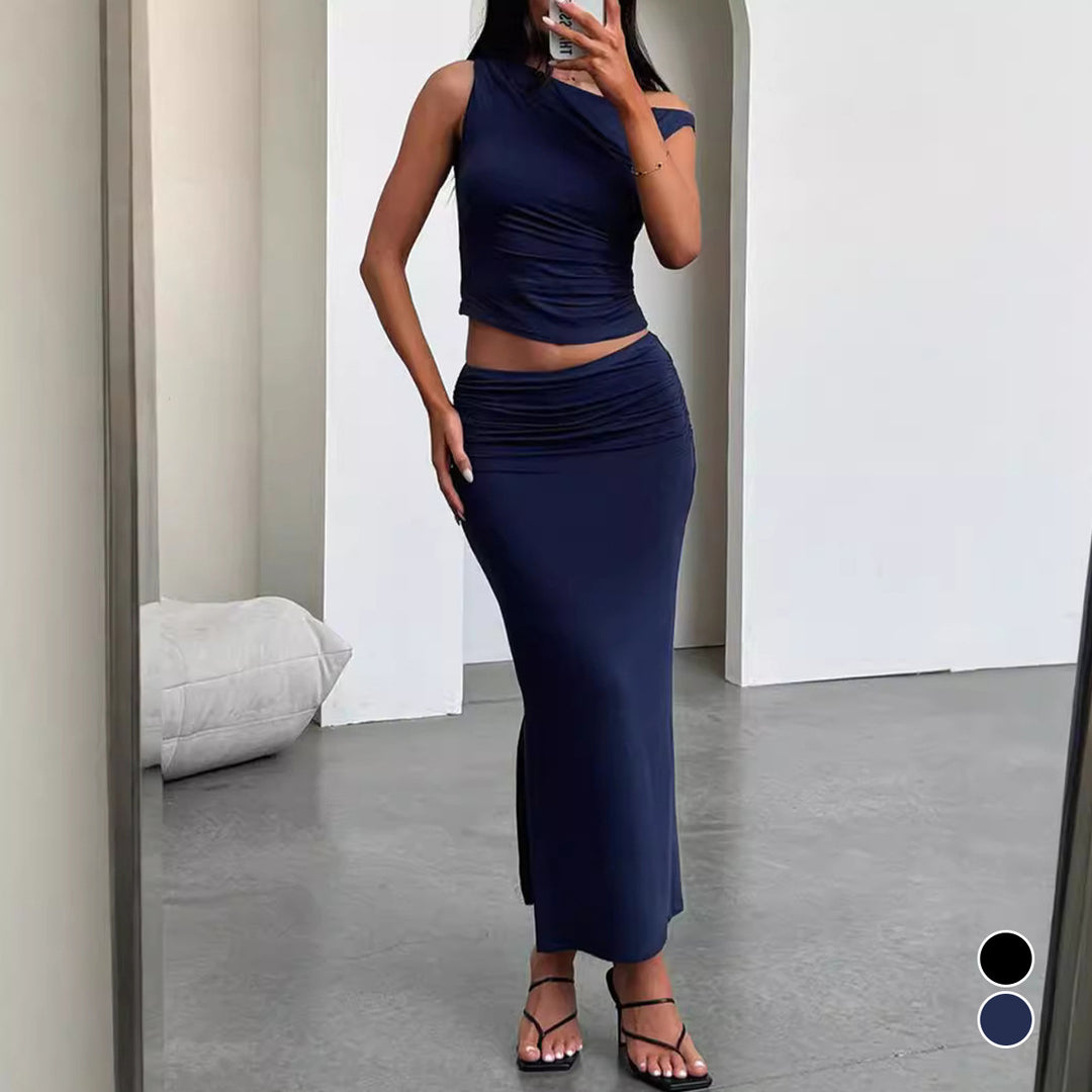 Damer set med off-shoulder topp och maxikjol i rynkad design Mirla-Eva Jonsson