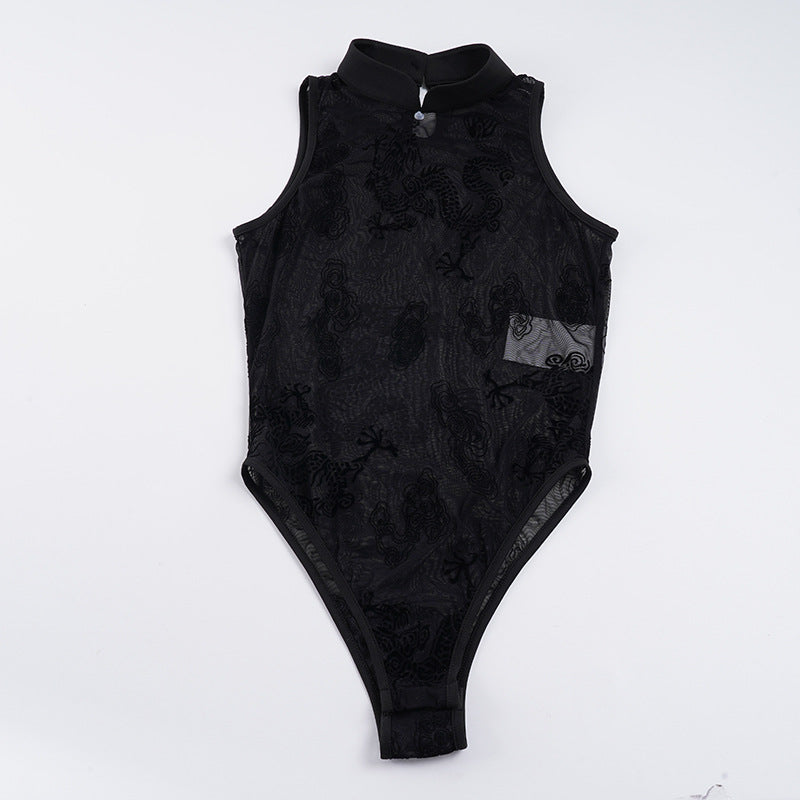 Damer sexy bodysuit med eleganta spetsdetaljer och ståkrage Mirla-Eva Jonsson