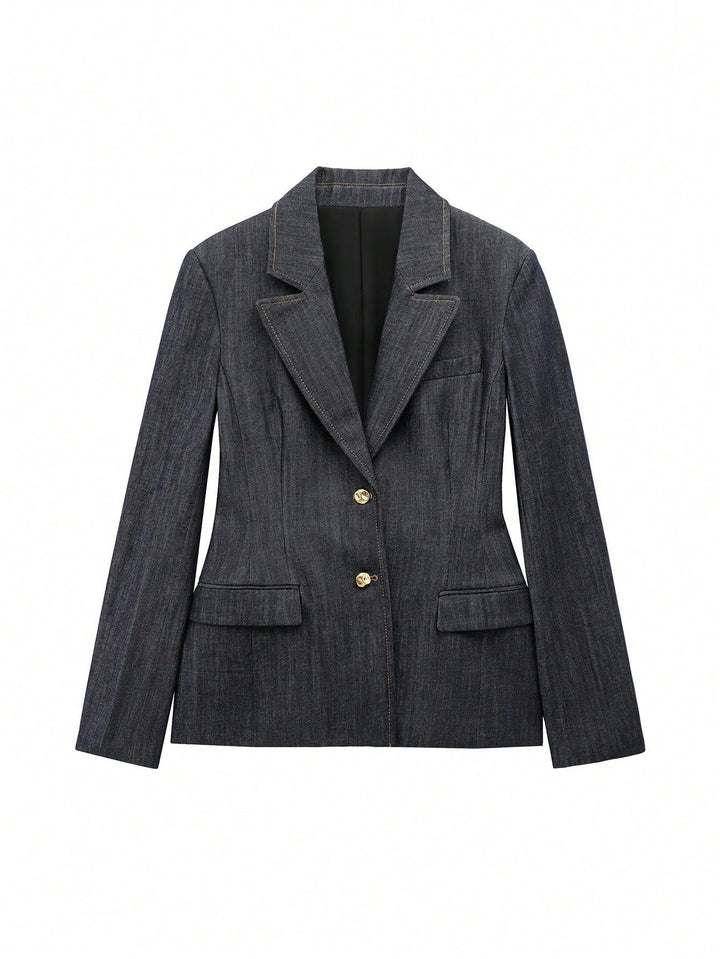 Damer skräddarsydd jeansblazer med gyllene knappar och praktiska fickor Eva Jonsson-Eva Jonsson