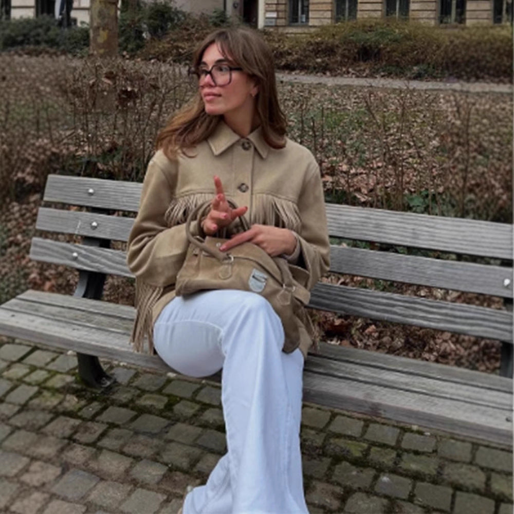 Damer smakfull konstläderjacka med fransar Mirla-Eva Jonsson