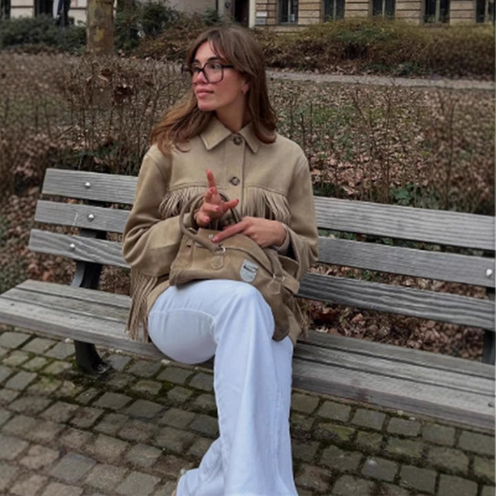 Damer smakfull konstläderjacka med fransar Mirla-Eva Jonsson