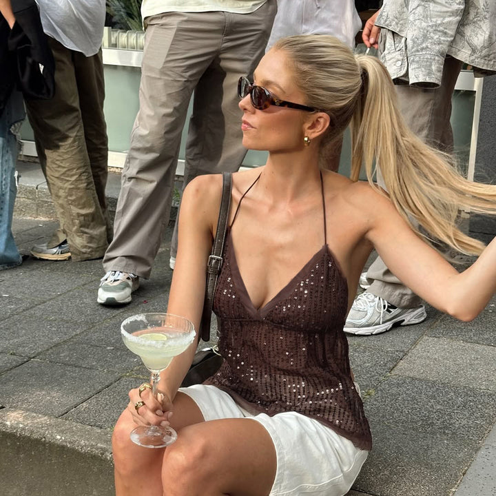 Damer snygg topp med glittrande paljetter och justerbara band Mirla-Eva Jonsson