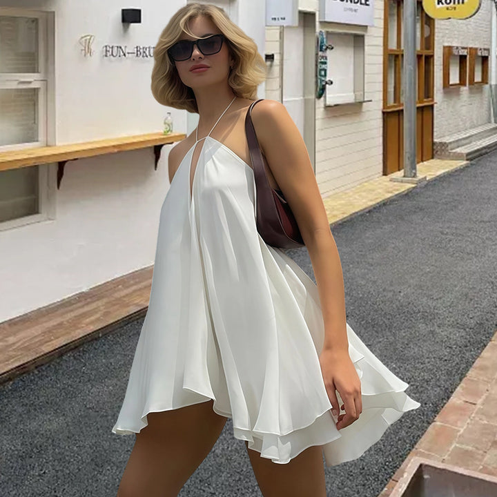 Damer sommar A-linje klänning med djup ryggutskärning och elegant halterneck Mirla-Eva Jonsson