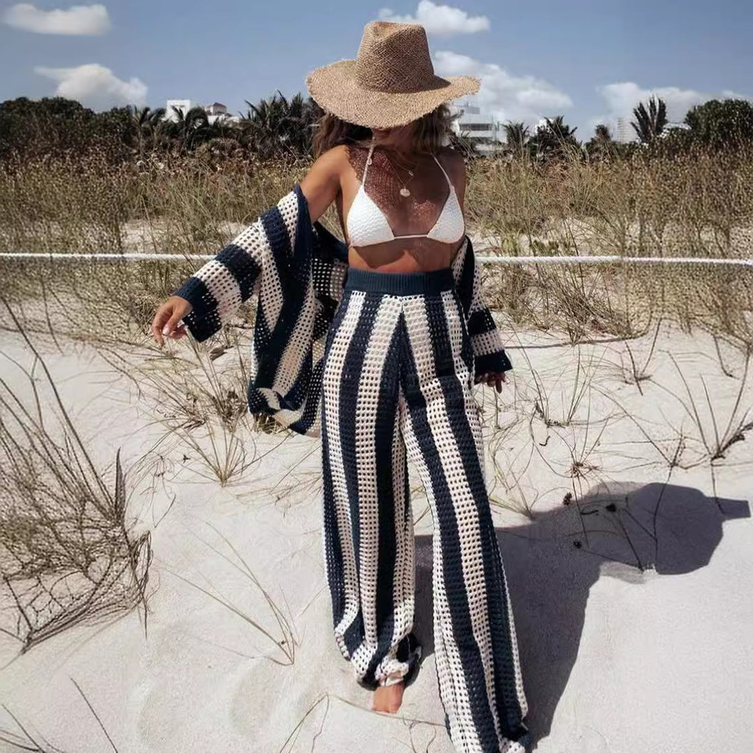 Damer sommar stickad outfit med löst skuren överdel och avslappnade byxor Eva Jonsson-Eva Jonsson
