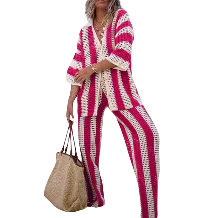 Damer sommar stickad outfit med löst skuren överdel och avslappnade byxor Eva Jonsson-Eva Jonsson
