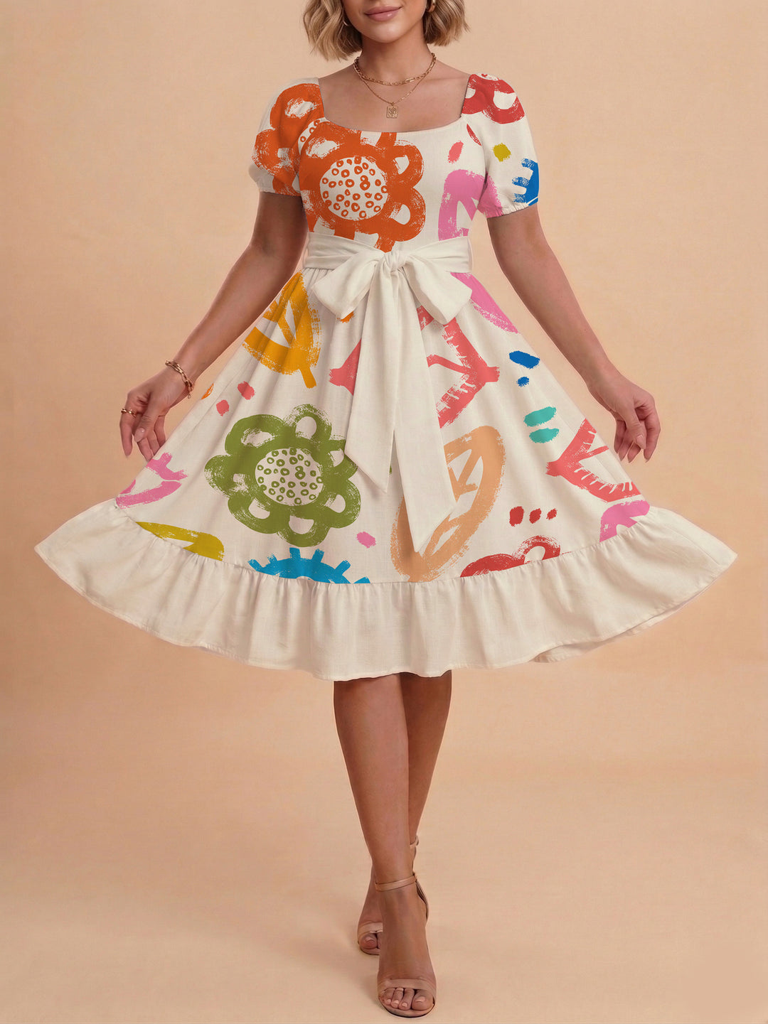 Damer sommarklänning med floral puffärm och midjejusterbart bälte Mirla-Eva Jonsson