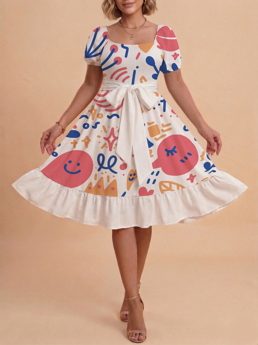 Damer sommarklänning med floral puffärm och midjejusterbart bälte Mirla-Eva Jonsson