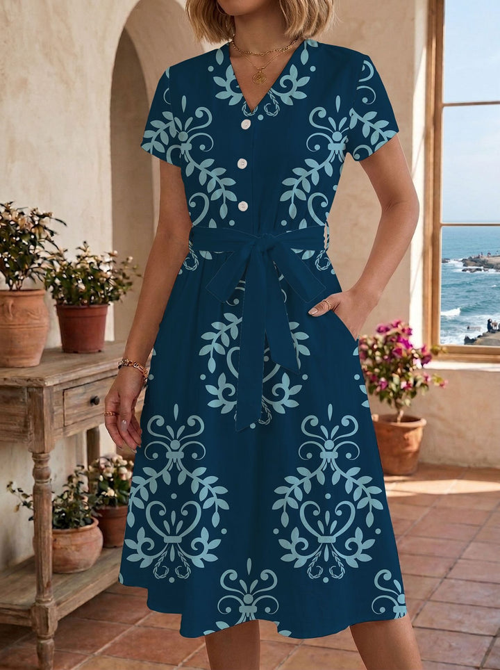 Damer sommarklänning med justerbart midjebälte och blommönster Mirla-Eva Jonsson