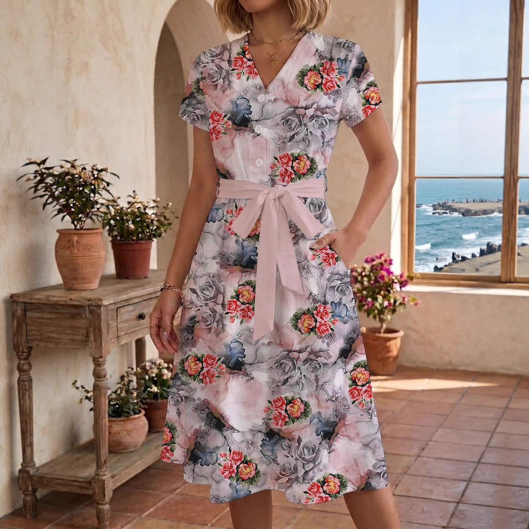Damer sommarklänning med justerbart midjebälte och blommönster Mirla-Eva Jonsson