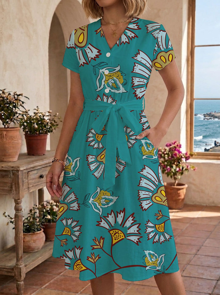 Damer sommarklänning med justerbart midjebälte och blommönster Mirla-Eva Jonsson