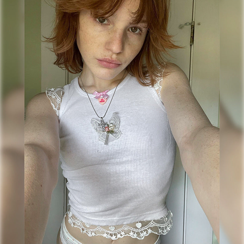 Damer söt Crop-Top med romantisk spetskant Mirla-Eva Jonsson