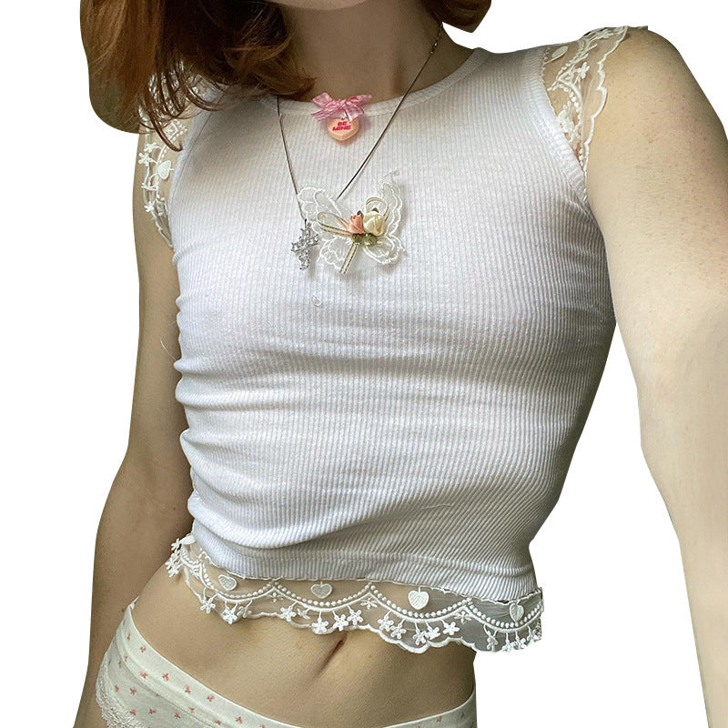 Damer söt Crop-Top med romantisk spetskant Mirla-Eva Jonsson