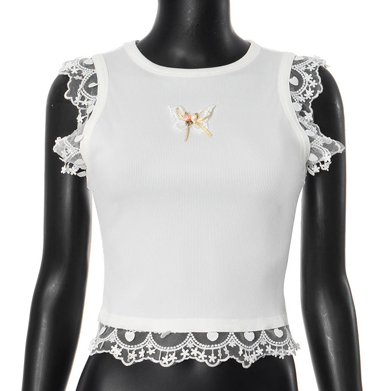 Damer söt Crop-Top med romantisk spetskant Mirla-Eva Jonsson