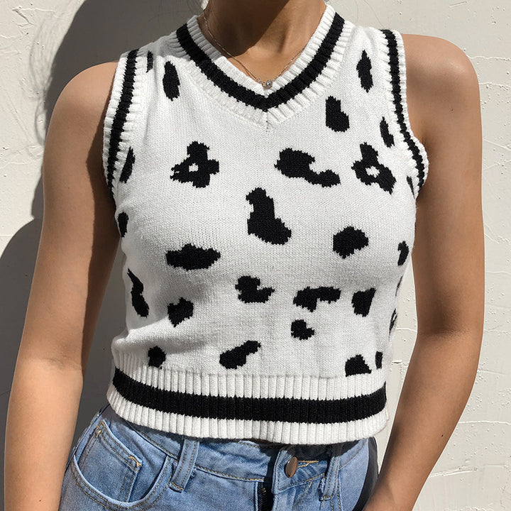 Damer söt stickad crop-top med lekfullt leopardmönster Mirla-Eva Jonsson