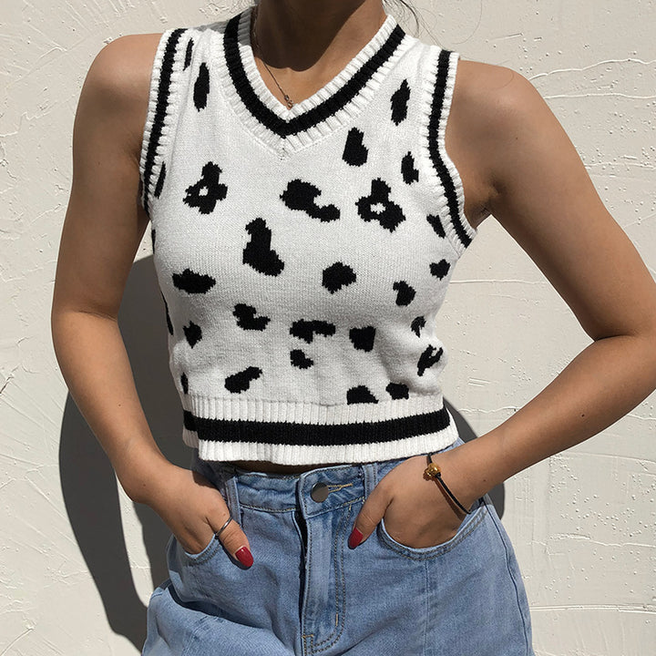 Damer söt stickad crop-top med lekfullt leopardmönster Mirla-Eva Jonsson