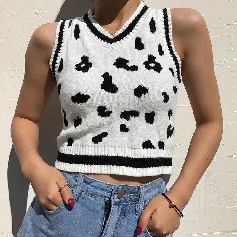 Damer söt stickad crop-top med lekfullt leopardmönster Mirla-Eva Jonsson