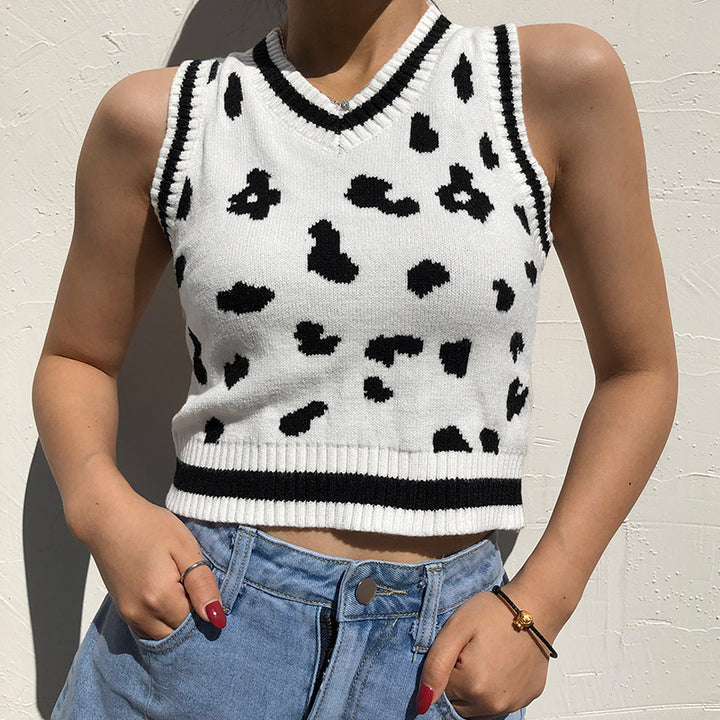 Damer söt stickad crop-top med lekfullt leopardmönster Mirla-Eva Jonsson