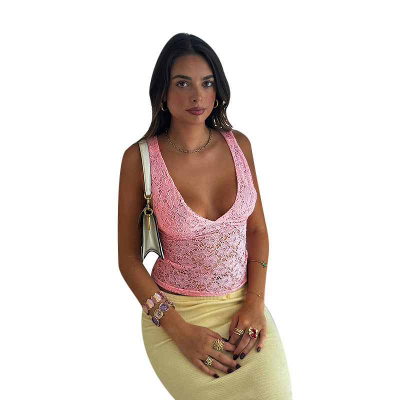 Damer spets-crop-top med djup V-ringning och volangdesign Mirla-Eva Jonsson
