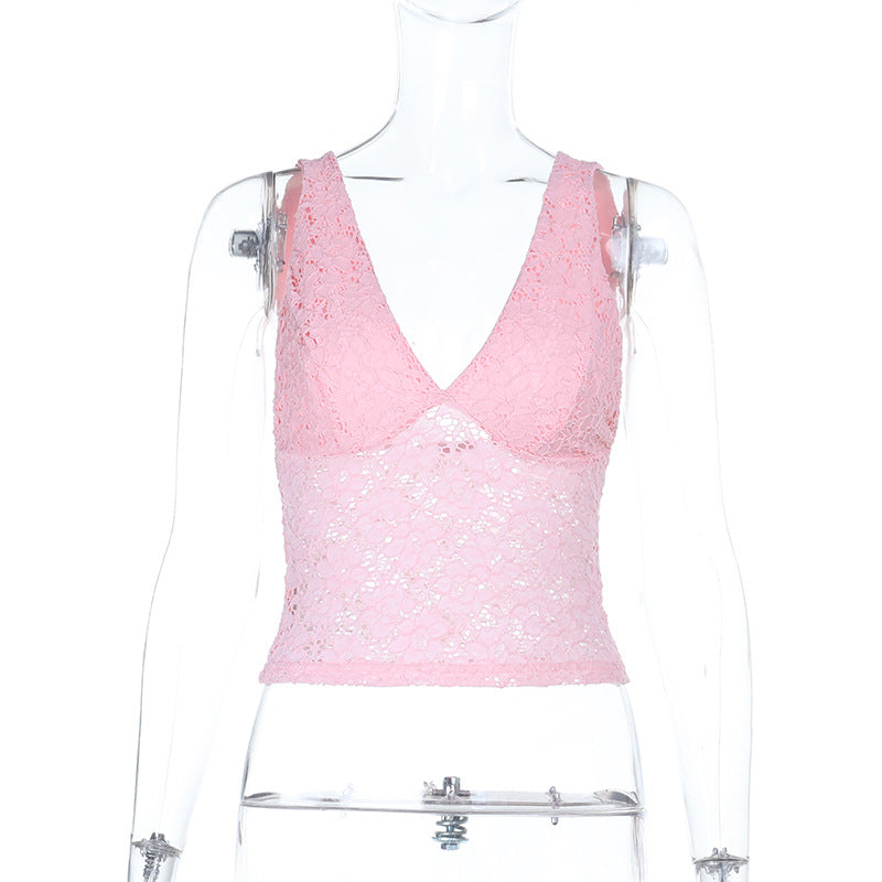 Damer spets-crop-top med djup V-ringning och volangdesign Mirla-Eva Jonsson