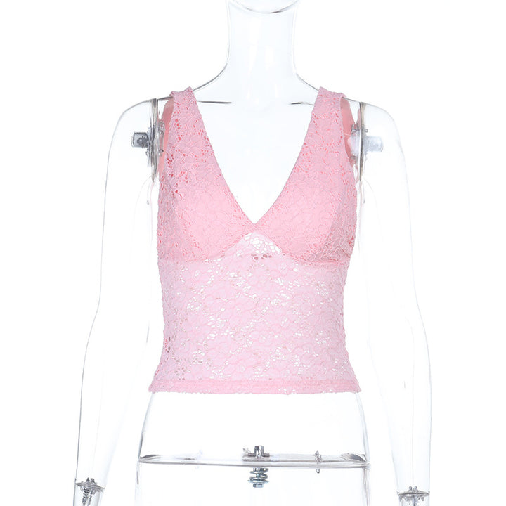 Damer spets-crop-top med djup V-ringning och volangdesign Mirla-Eva Jonsson