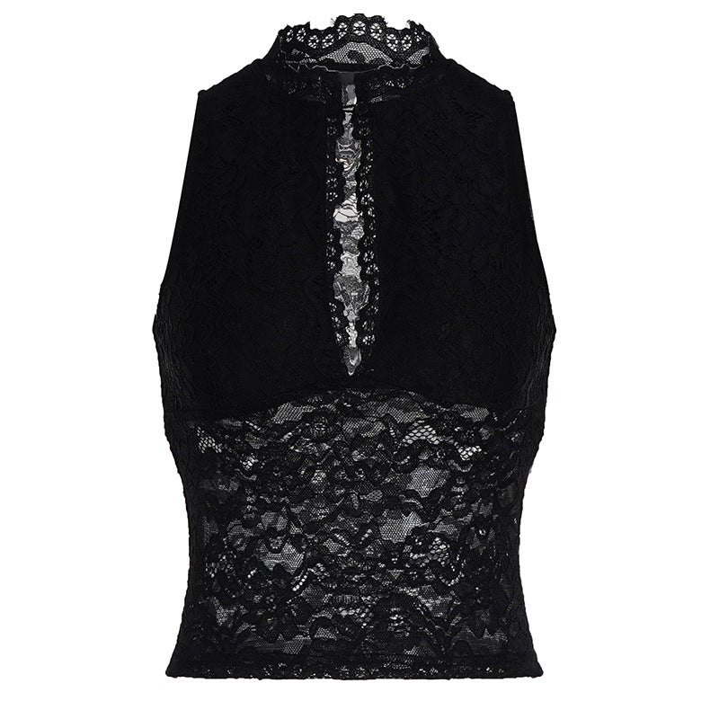 Damer spets-crop-top med elegant ståkrage och transparenta insatser Mirla-Eva Jonsson