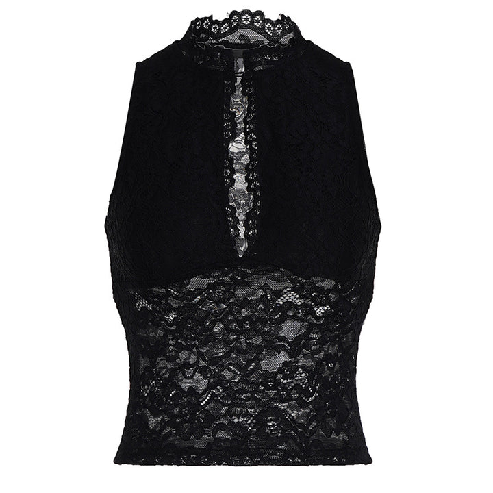 Damer spets-crop-top med elegant ståkrage och transparenta insatser Mirla-Eva Jonsson