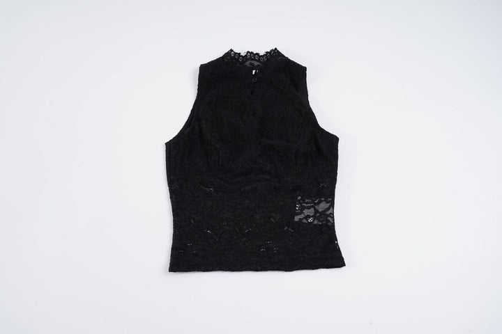 Damer spets-crop-top med elegant ståkrage och transparenta insatser Mirla-Eva Jonsson