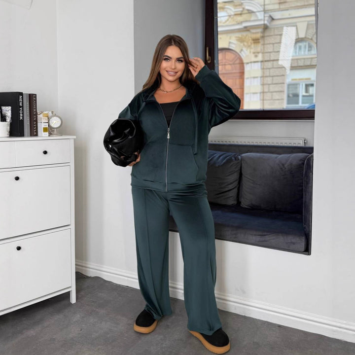 Damer sportig fleece-joggingdräkt-set med huva och elastisk midja Eva Jonsson-Eva Jonsson