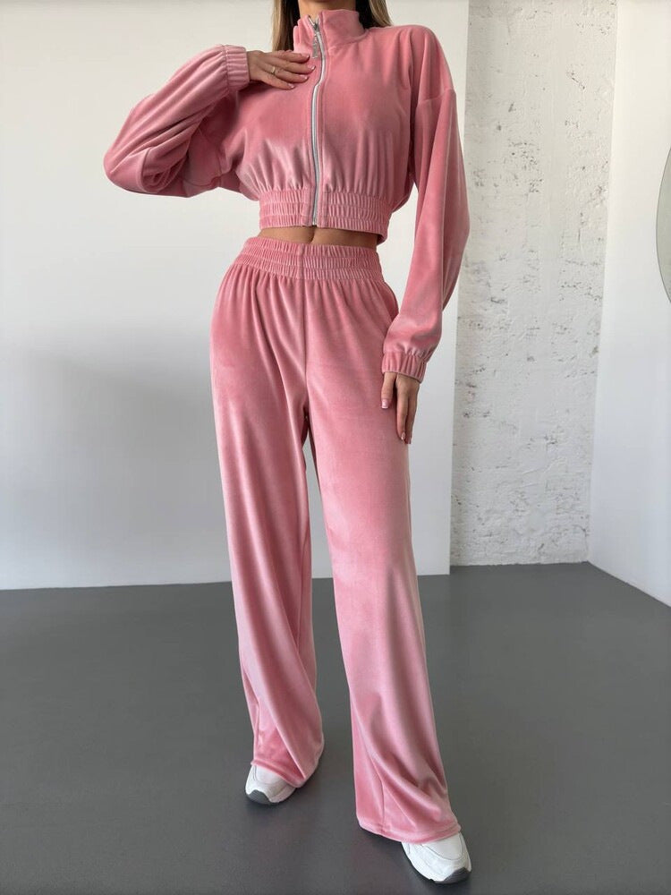 Damer sportig fleece-set med cropped-jacka och vida ben Eva Jonsson-Eva Jonsson