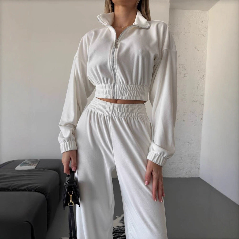 Damer sportig fleece-set med cropped-jacka och vida ben Eva Jonsson-Eva Jonsson