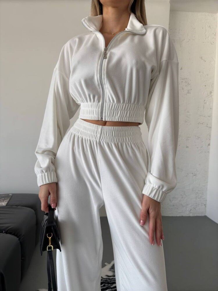 Damer sportig fleece-set med cropped-jacka och vida ben Eva Jonsson-Eva Jonsson
