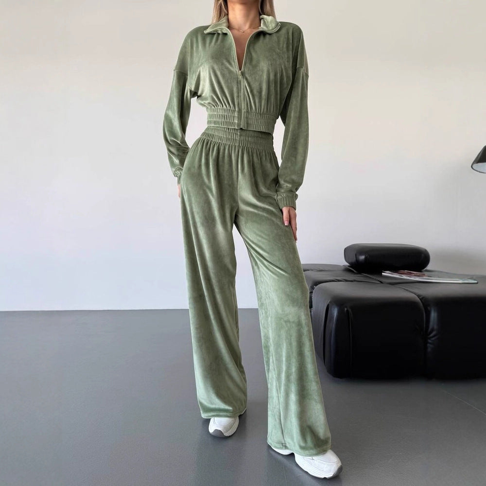 Damer sportig fleece-set med cropped-jacka och vida ben Eva Jonsson-Eva Jonsson