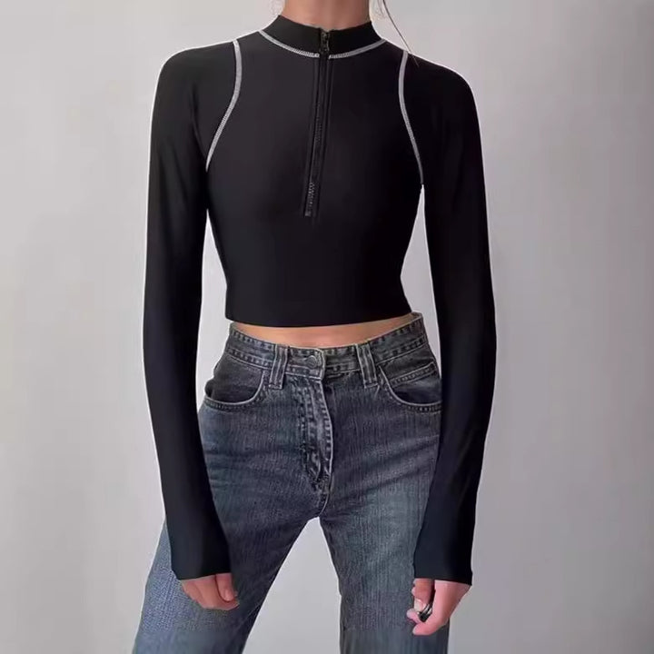 Damer sportig långärmad Crop-Top med dragkedja Mirla-Eva Jonsson