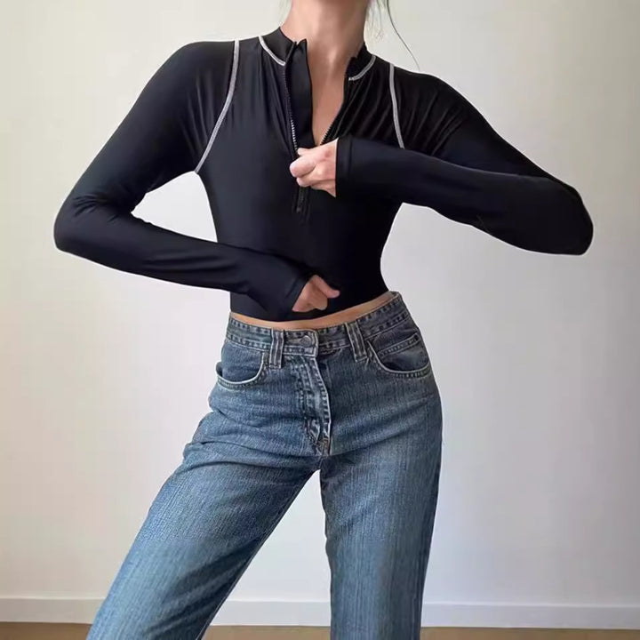 Damer sportig långärmad Crop-Top med dragkedja Mirla-Eva Jonsson