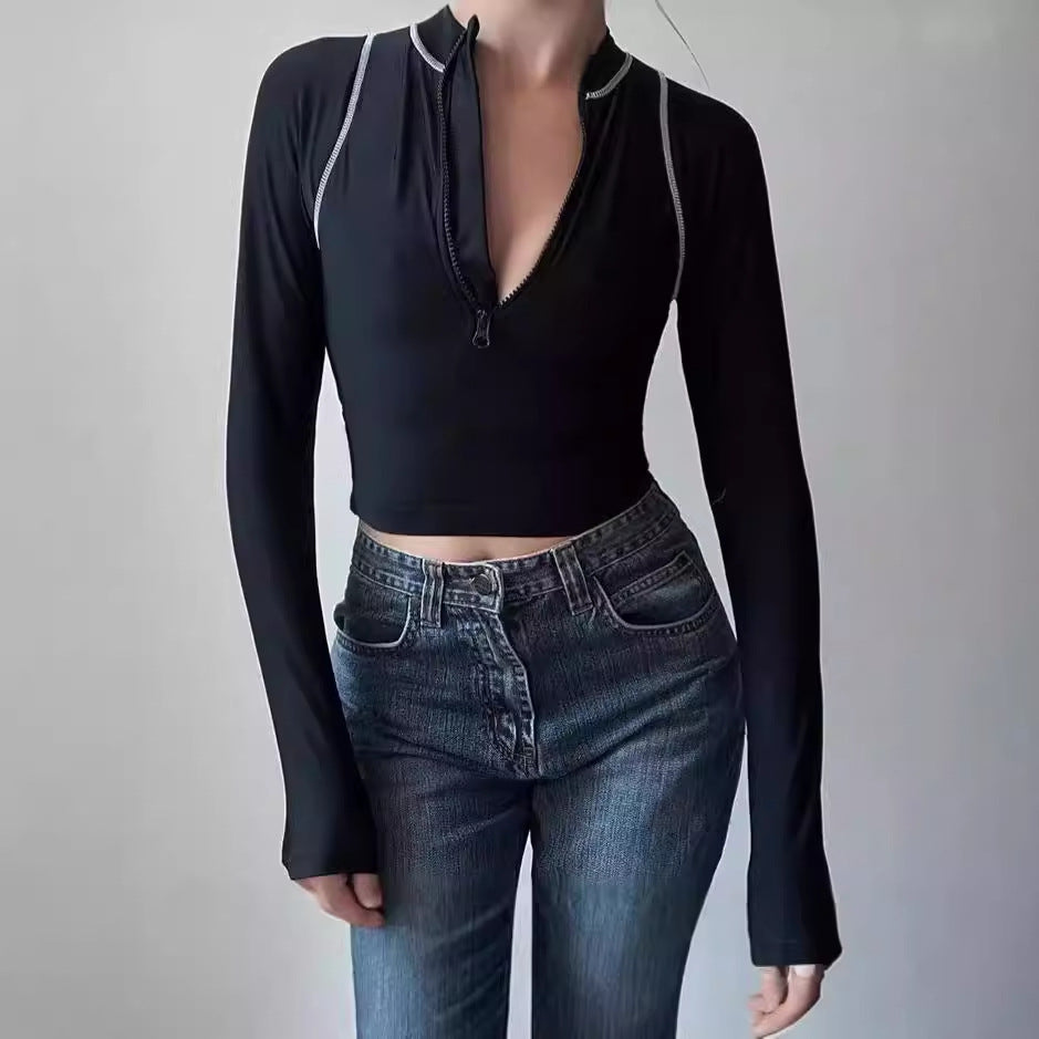 Damer sportig långärmad Crop-Top med dragkedja Mirla-Eva Jonsson