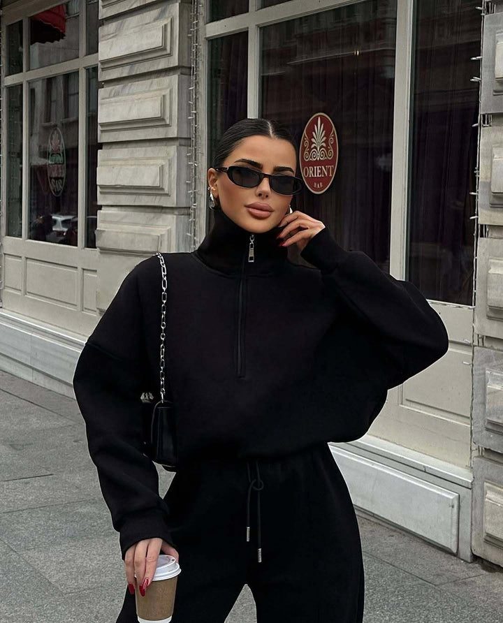 Damer sportigt fleeceloungewear-set med hög krage och dragkedja Eva Jonsson-Eva Jonsson