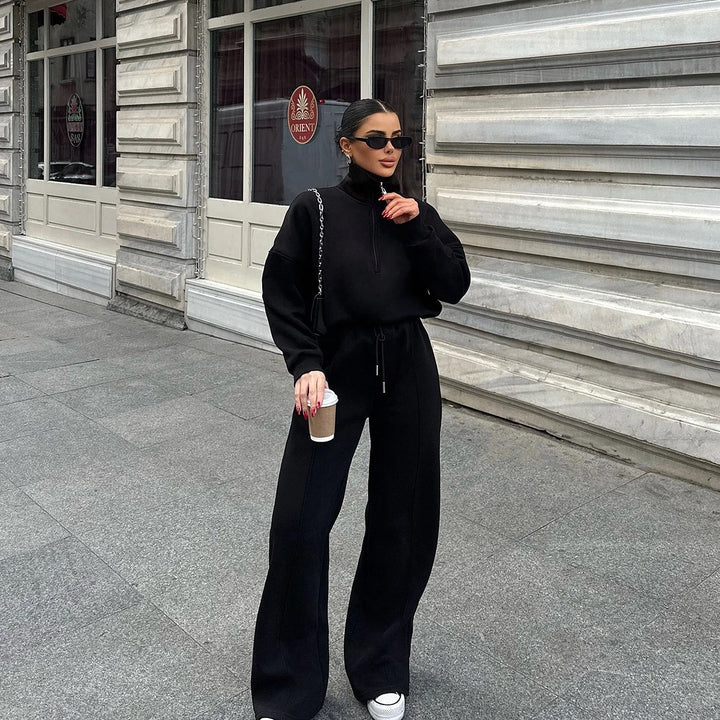 Damer sportigt fleeceloungewear-set med hög krage och dragkedja Eva Jonsson-Eva Jonsson