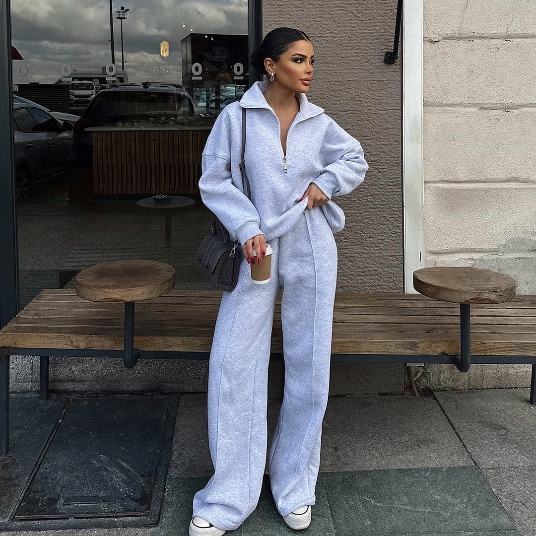 Damer sportigt fleeceloungewear-set med hög krage och dragkedja Eva Jonsson-Eva Jonsson