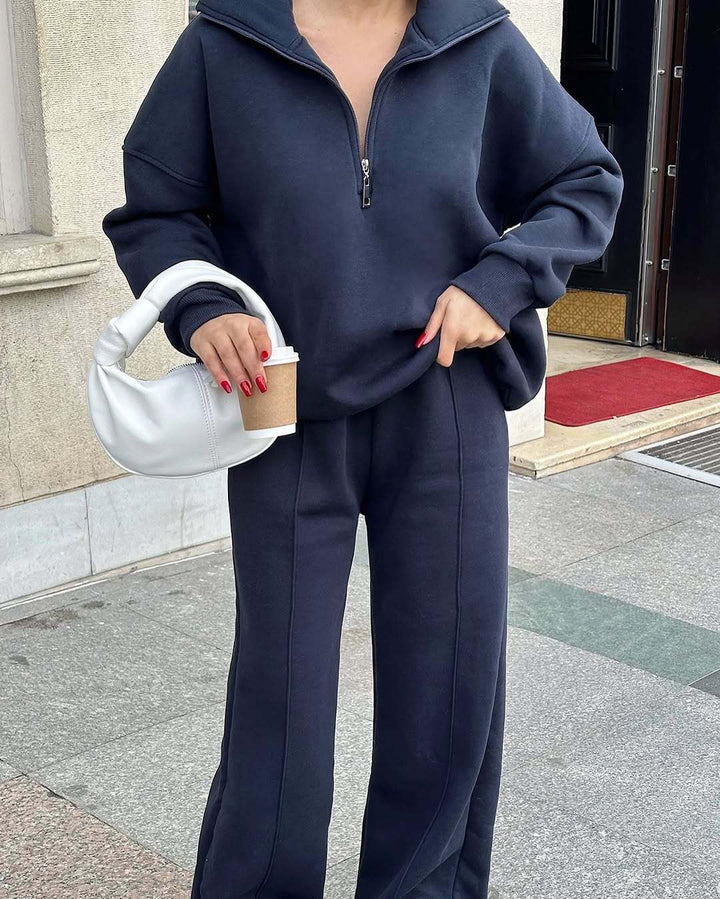 Damer sportigt fleeceloungewear-set med hög krage och dragkedja Eva Jonsson-Eva Jonsson