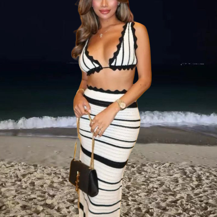 Damer stickad bikini-set med snyggt vågmönster och hög midja Eva Jonsson-Eva Jonsson