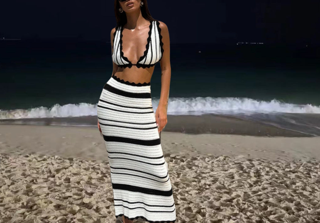 Damer stickad bikini-set med snyggt vågmönster och hög midja Eva Jonsson-Eva Jonsson