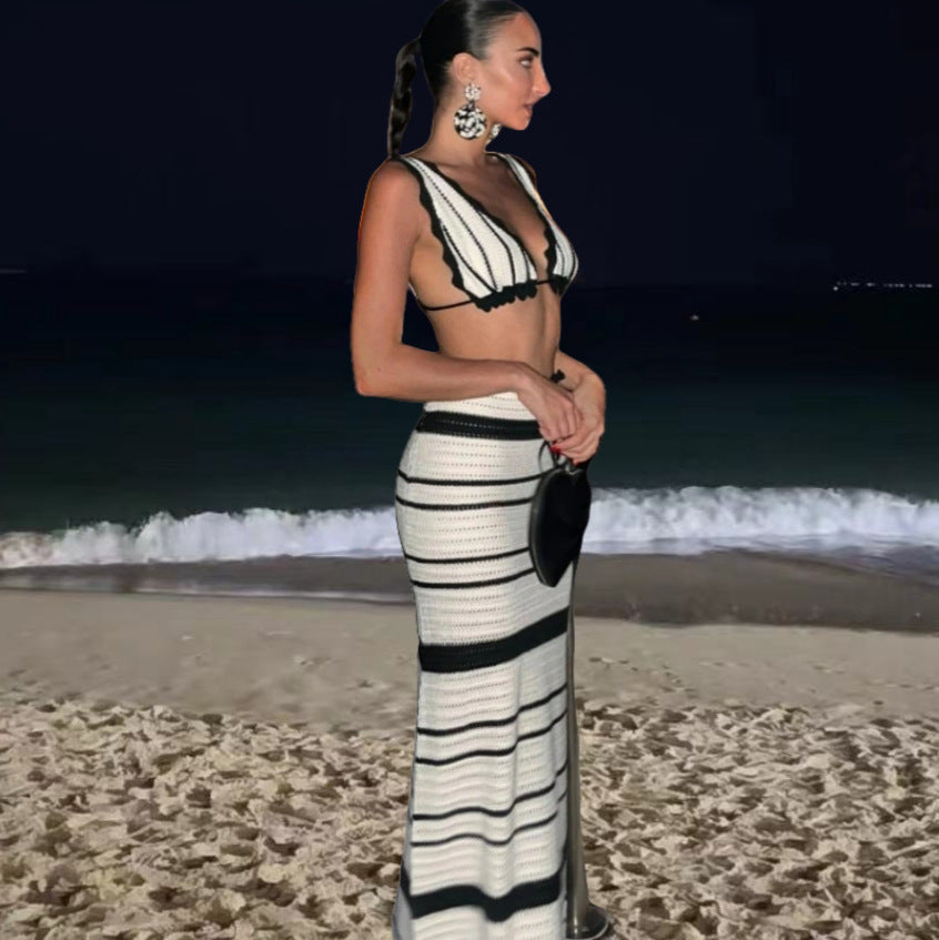 Damer stickad bikini-set med snyggt vågmönster och hög midja Eva Jonsson-Eva Jonsson