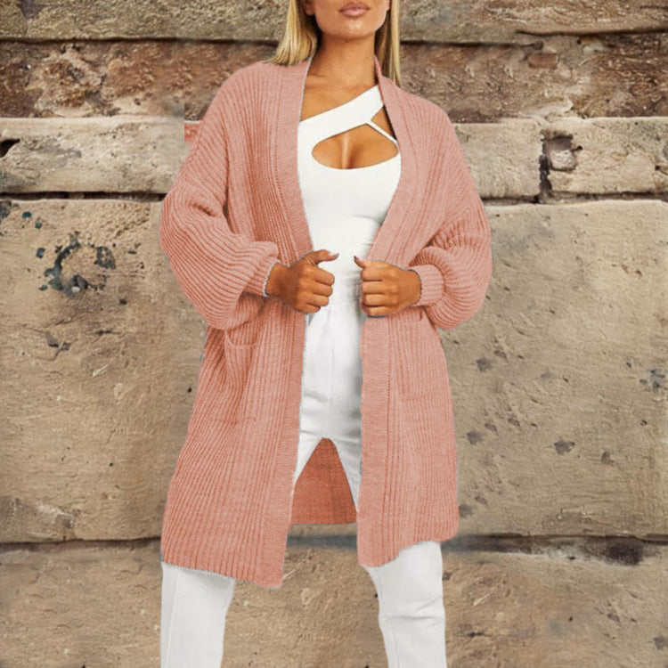 Damer stickad cardigan med djupt snitt och praktiska fickor Eva Jonsson-Eva Jonsson