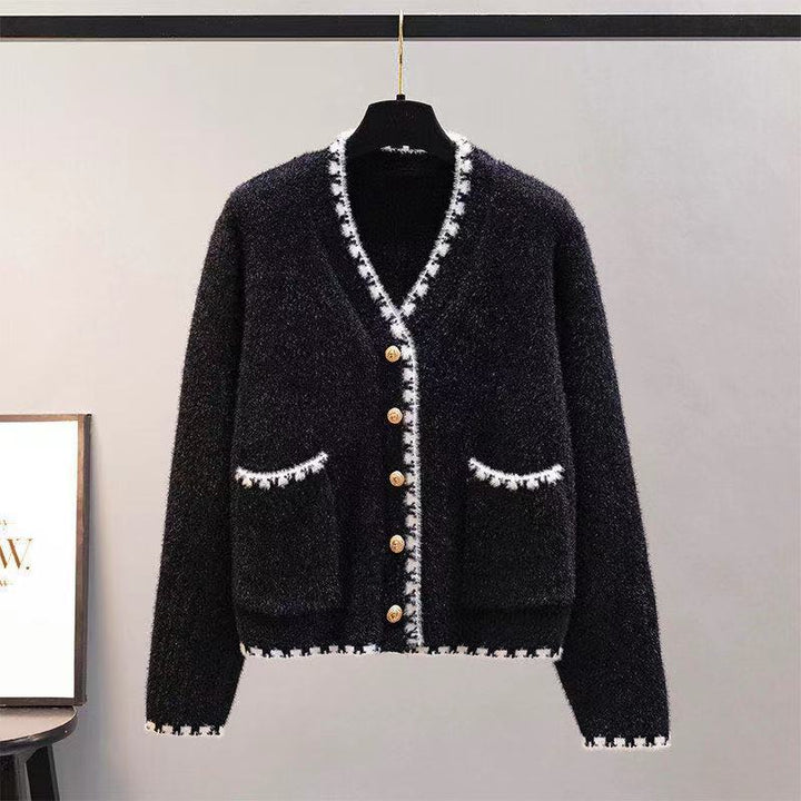 Damer stickad cardigan med kontrasterande knappar och fickor Eva Jonsson-Eva Jonsson