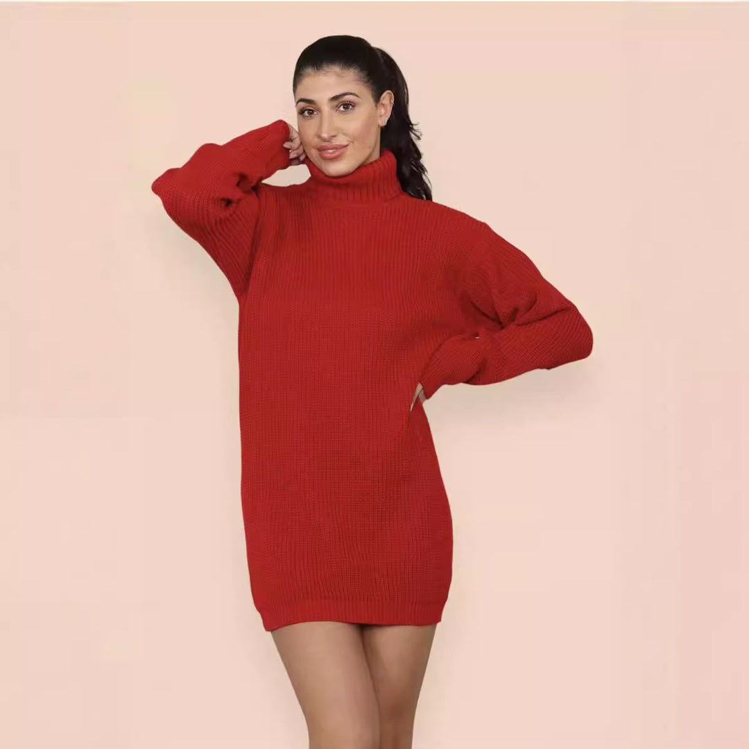 Damer stickad klänning med hög krage och strukturerad maskbild Mirla-Eva Jonsson