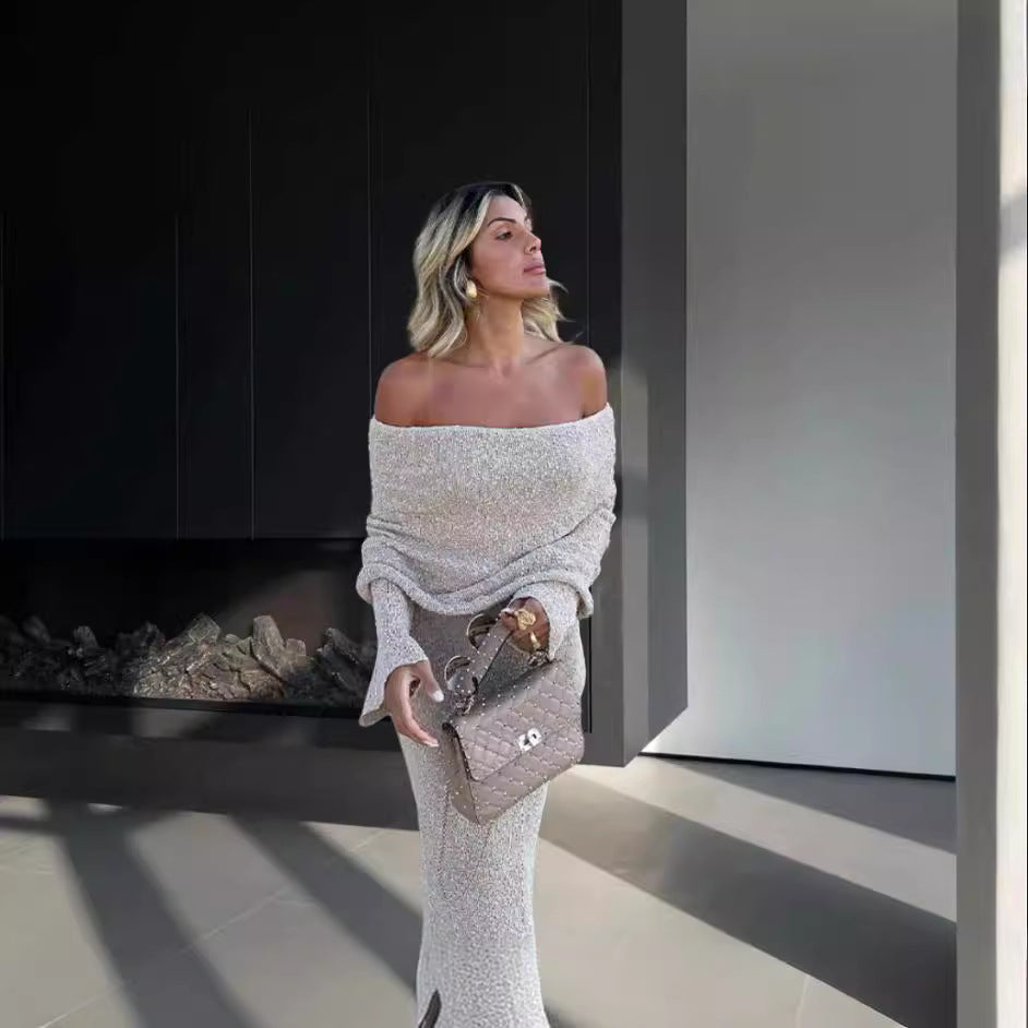 Damer stickad klänning med off-shoulder design och glittrande effekt Mirla-Eva Jonsson