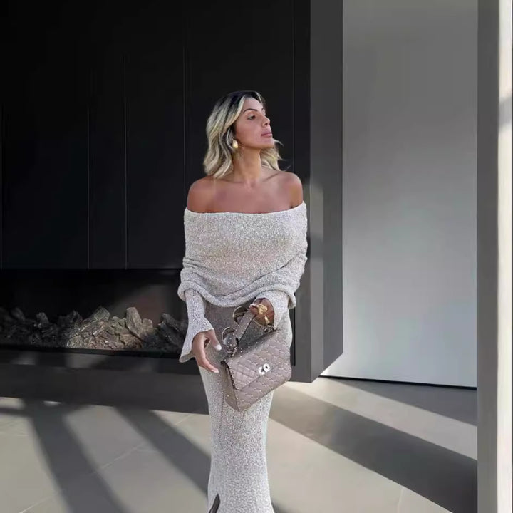 Damer stickad klänning med off-shoulder design och glittrande effekt Mirla-Eva Jonsson