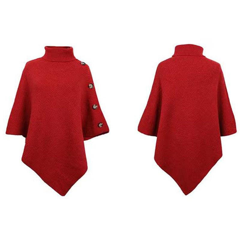 Damer stickad poncho med hög krage och dekorativa knappr detaljer Mirla-Eva Jonsson