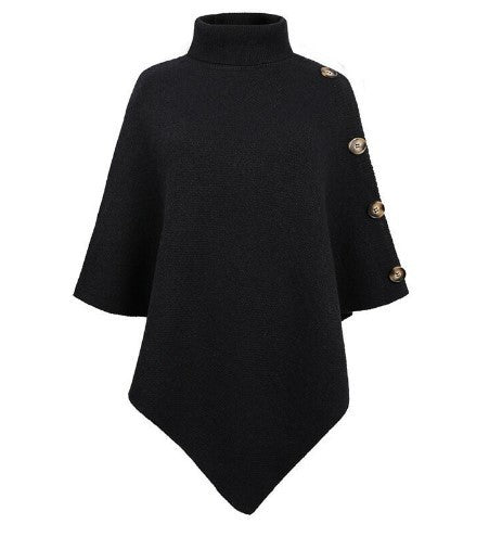 Damer stickad poncho med hög krage och dekorativa knappr detaljer Mirla-Eva Jonsson