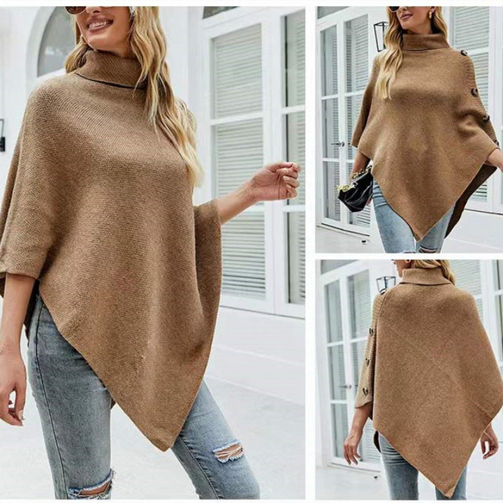 Damer stickad poncho med hög krage och dekorativa knappr detaljer Mirla-Eva Jonsson